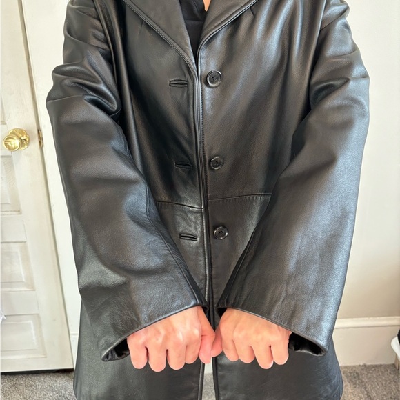 Vintage/Y2K Womens Black Leather Midi Button Up Jacket - Size Large - Picture 4 of 14